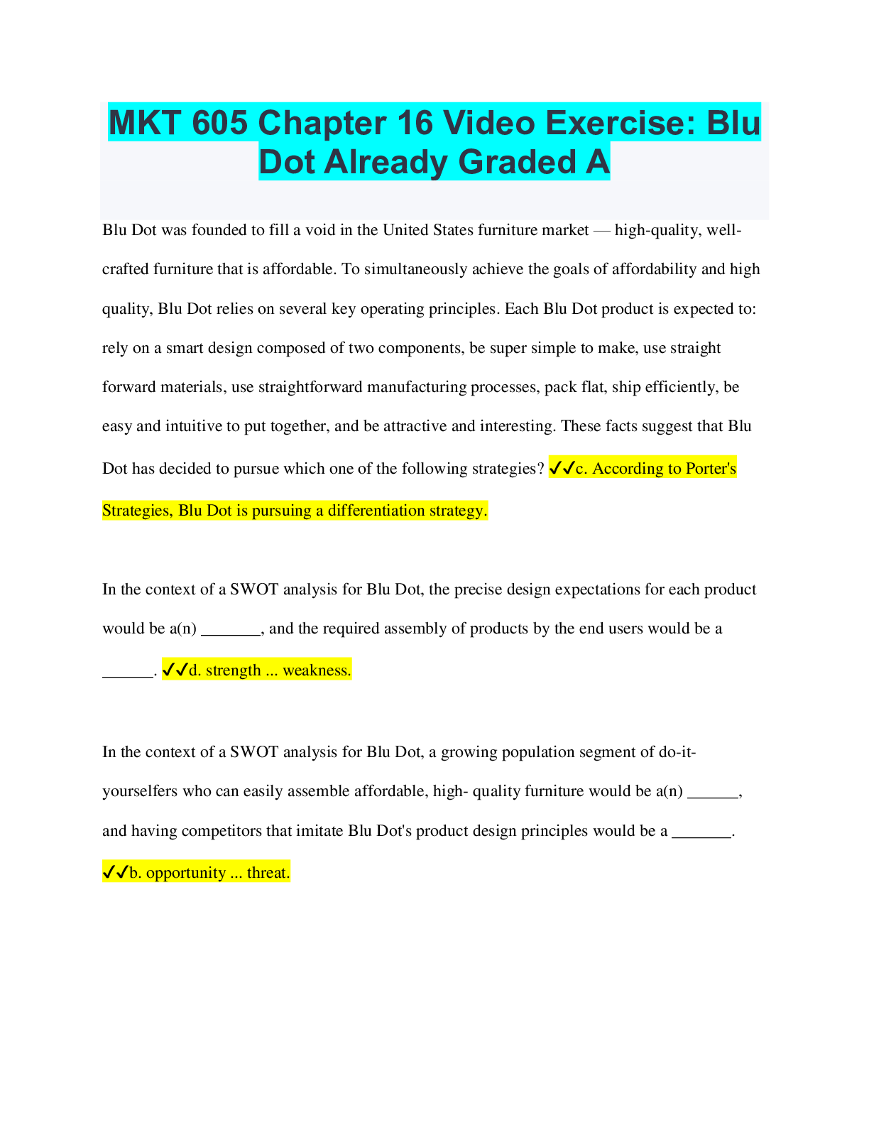 MKT 605 Chapter 16 Video Exercise Blu Dot Already Graded A Browsegrades